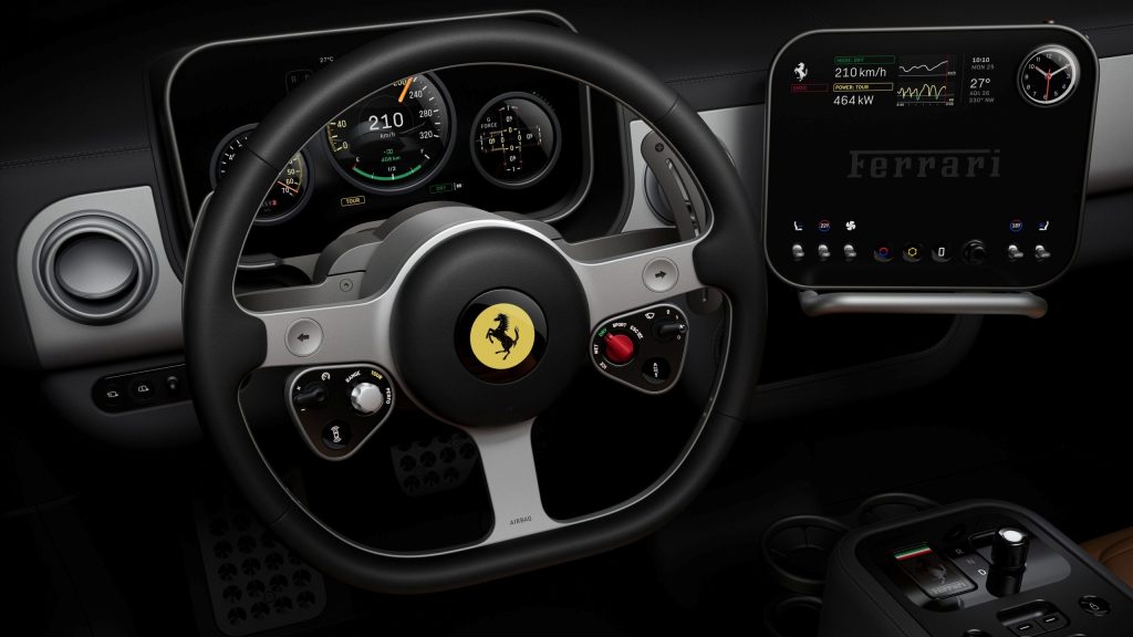 Intérieur minimaliste du Ferrari Luce électrique designé par Jony Ive avec tableau de bord épuré