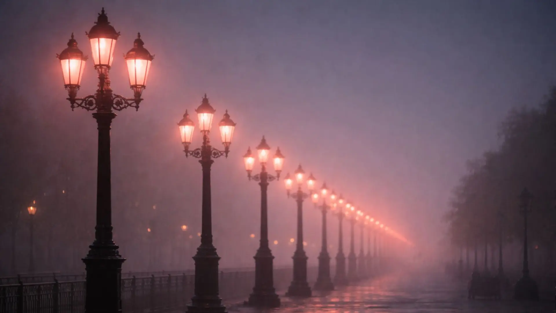 Rangée de lampadaires rouges illuminant une rue urbaine la nuit pour réduire la pollution lumineuse
