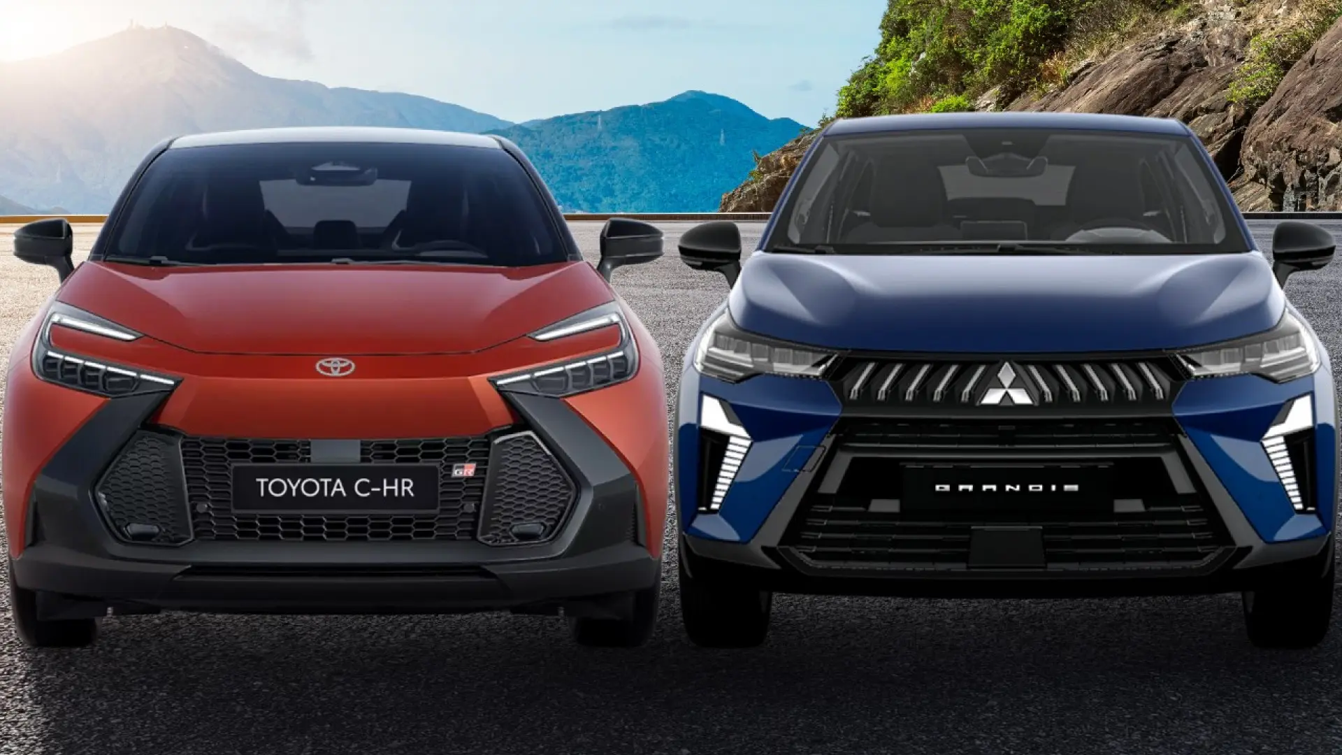 Toyota C-HR et Mitsubishi Grandis côte à côte en comparatif, deux SUV hybrides japonais