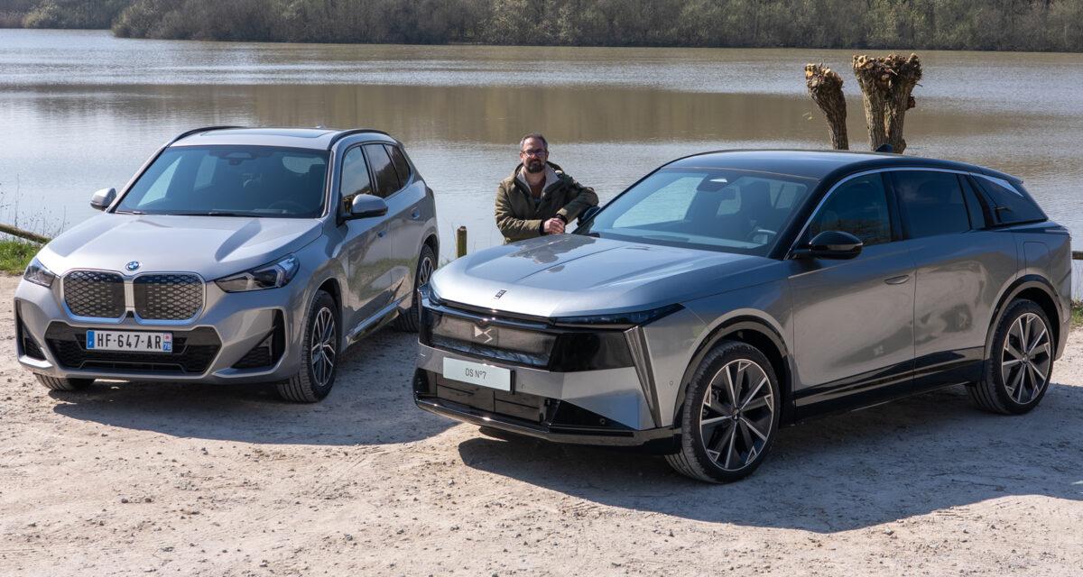 DS N°7 et BMW iX1 côte à côte, comparatif des deux SUV électriques premium français et allemand