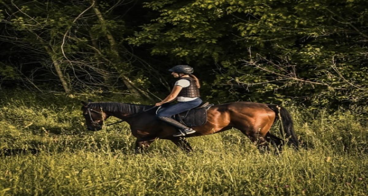 Femme se déplaçant à cheval sur une route en remplacement de sa voiture face à la hausse du prix de l'essence