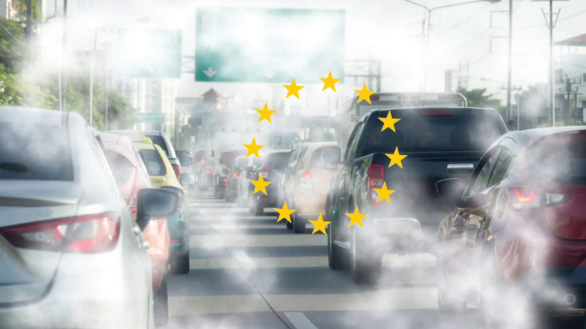 Usines européennes émettant de la fumée avec drapeau de l'UE, illustrant le débat sur les quotas carbone
