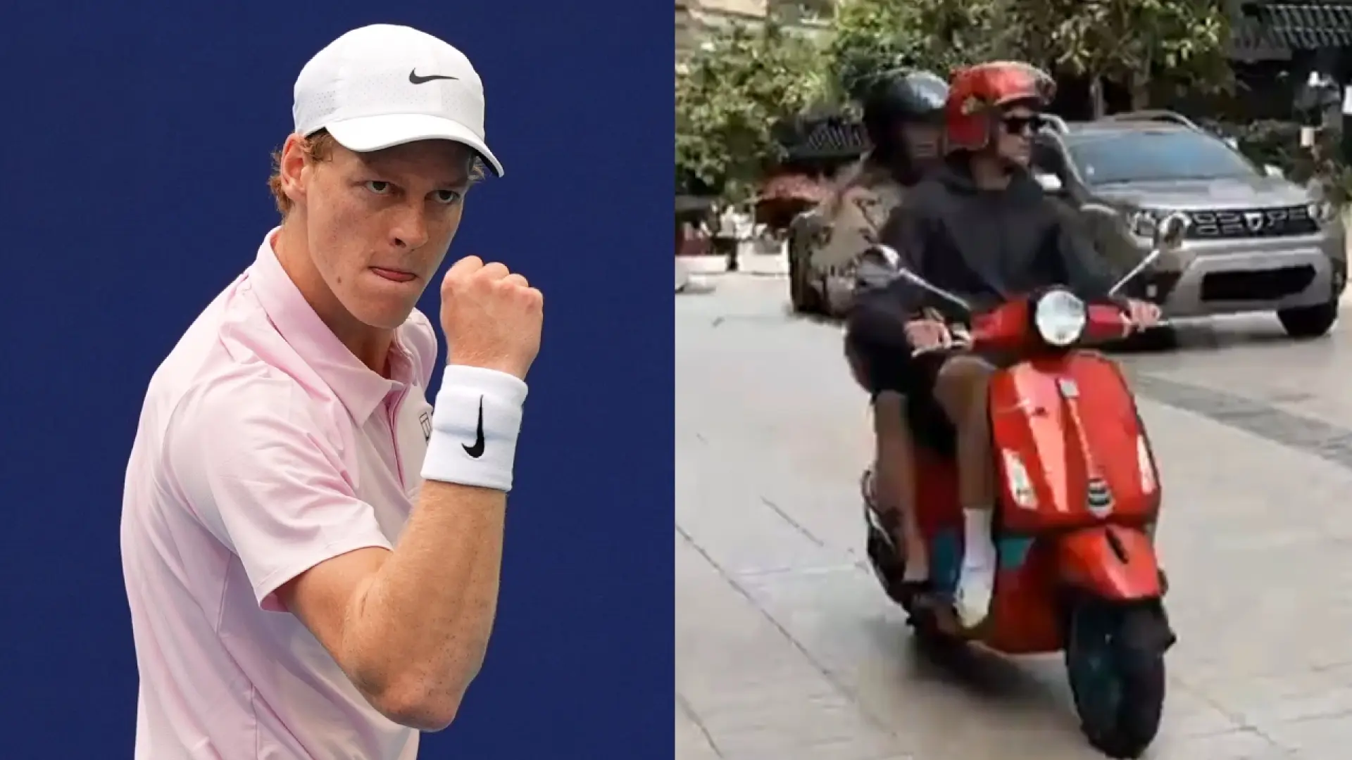 Jannik Sinner et sa compagne sur une Vespa rouge dans les rues de Monaco