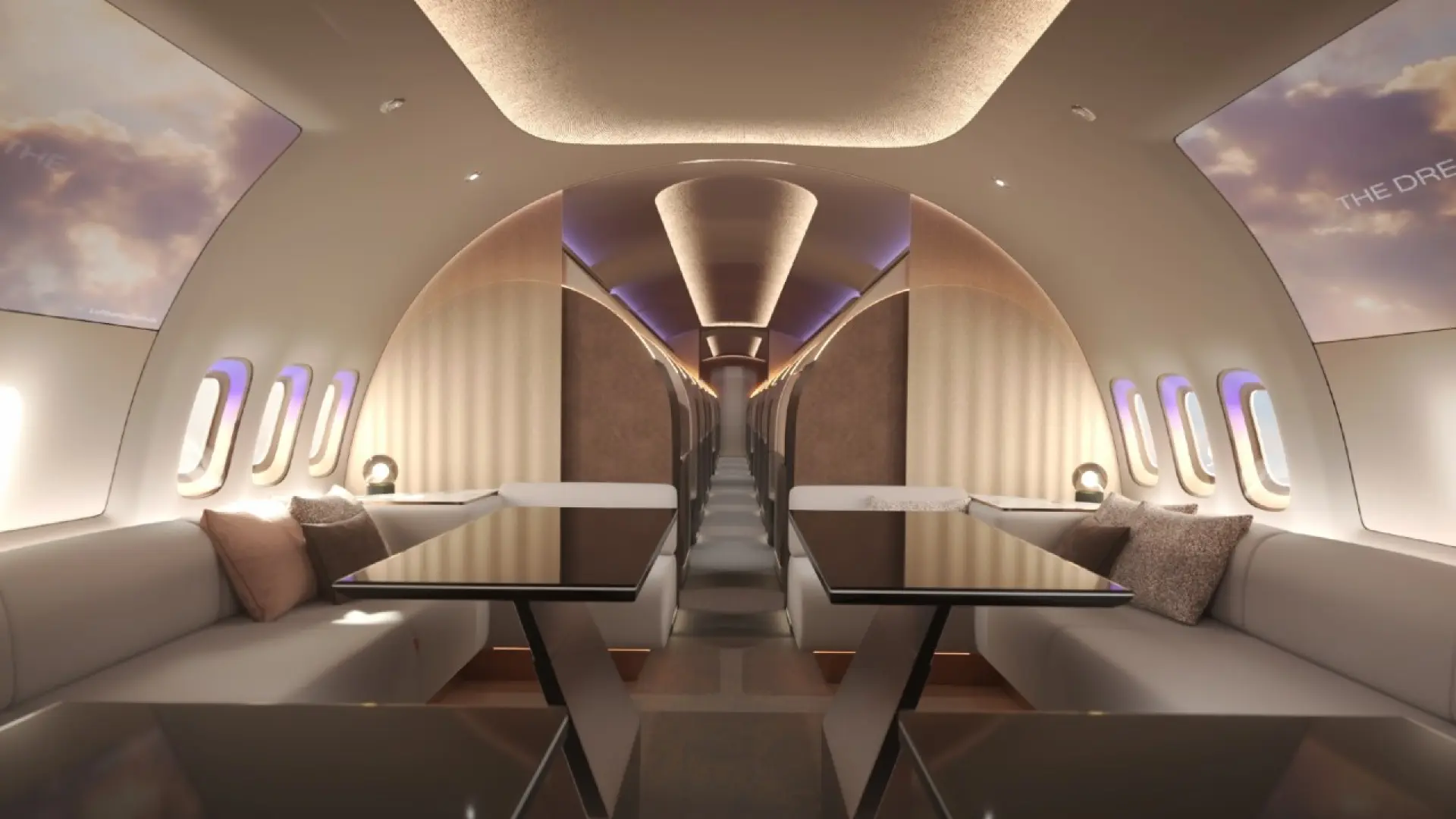 Intérieur luxueux de The Bow par BMW : suites privées et espace central modulable dans un Airbus A321