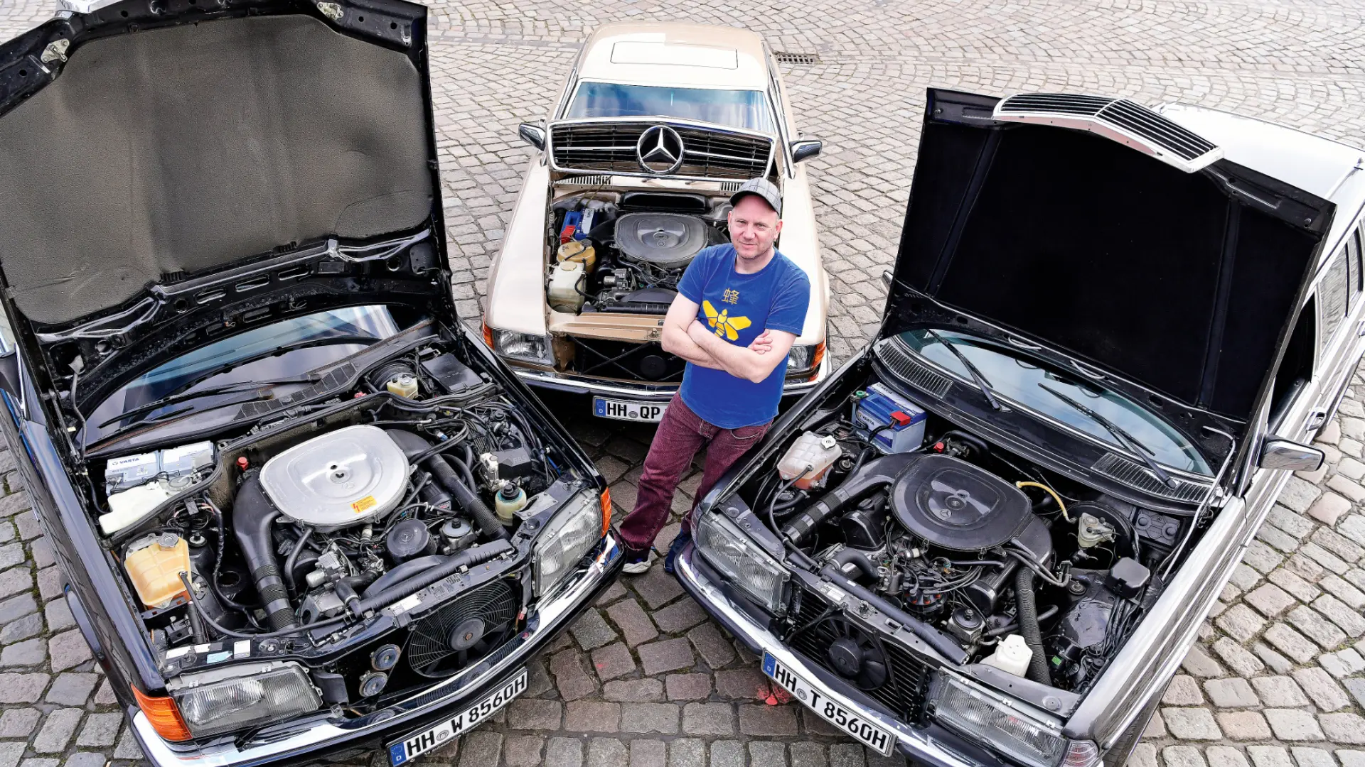 Trois Mercedes V8 des années 80 : 560 SE, SEL ECE et 500 SLC côte à côte